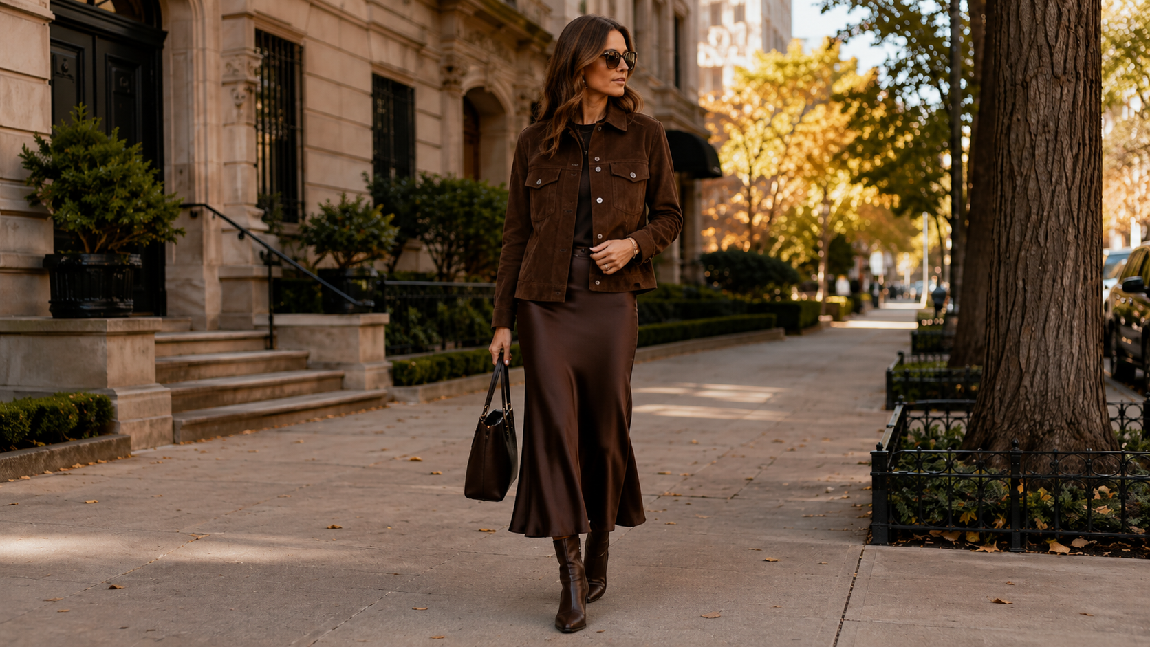Rich Espresso Suede Jacket with Bias-Cut Silk Satin Midi Skirt and Booties Fall Outfit